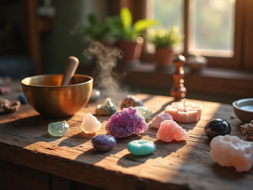 Energetische Aufladung in der Werkstatt mit Edelsteinen und Klangschale