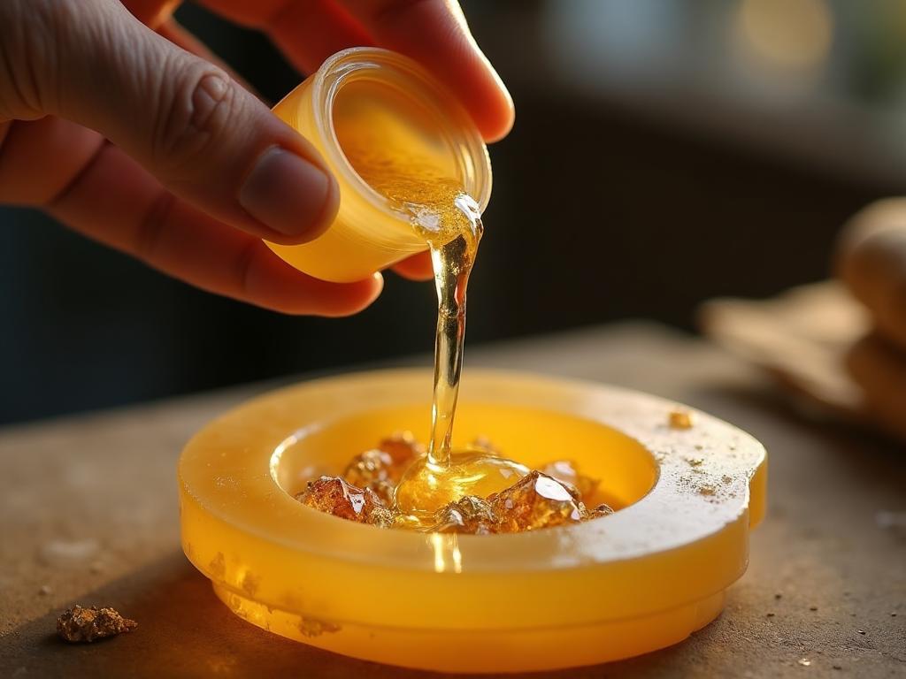 Präzises Gießen von flüssigem Harz in die Pranatropfen-Form mit sichtbaren Edelsteinen